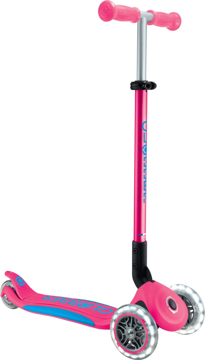 Globber 3-Rad-Roller – Primo faltbar plus Lichter Fuchsia – Pink – leuchtende Räder – faltbar – höhenverstellbar – von 3 bis 9 Jahren