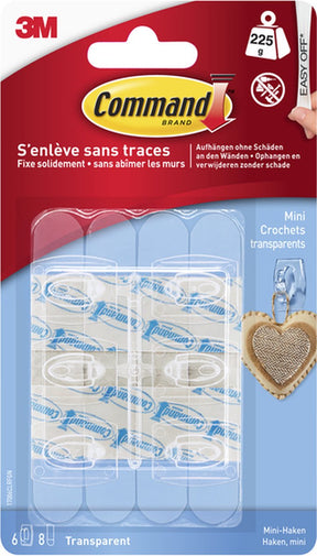 3 m Command-Dekohaken, klein, Tragkraft 225 Gramm, transparent, Blister mit 6 Stück