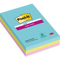 Post-it® Super-Haftnotizen, Farbset Miami, Aquawave, Neongrün, Neonpink, liniert, 3 Blöcke, 101 mm x 152 mm, 90 Blatt