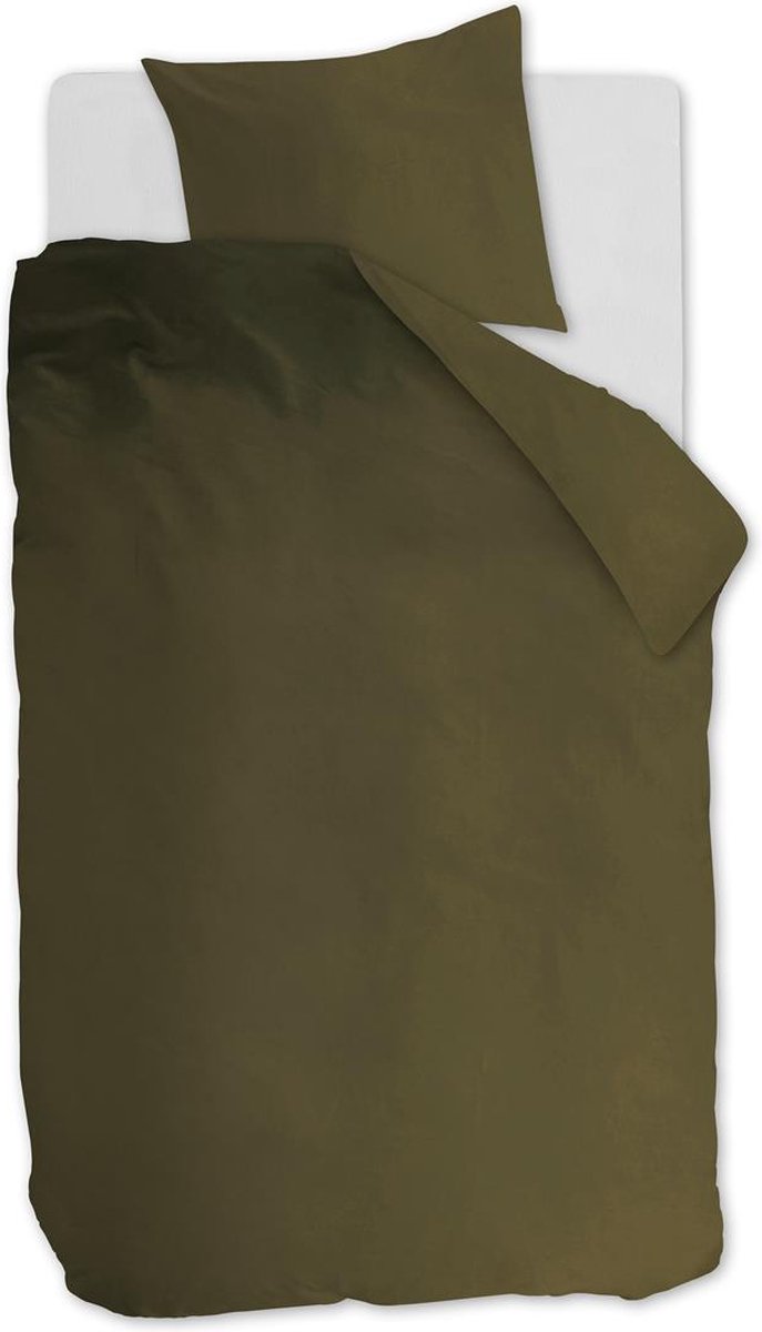 Ambiante cotton uni dekbedovertrek - effen - eenpersoons - 140x200 220 cm - olijfgroen