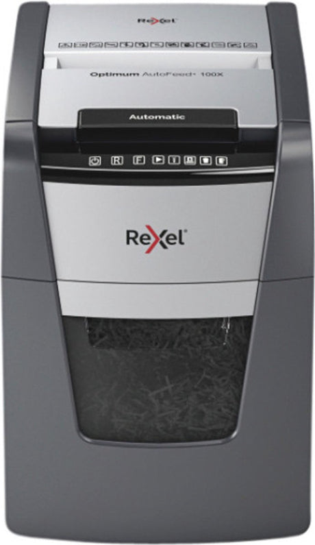 Rexel Optimum Autofeed+ 100x Flüsterleiser Aktenvernichter – P4 vernichtet – Automatischer Einzug bis zu 100 Blatt – 34 l – Schwarz
