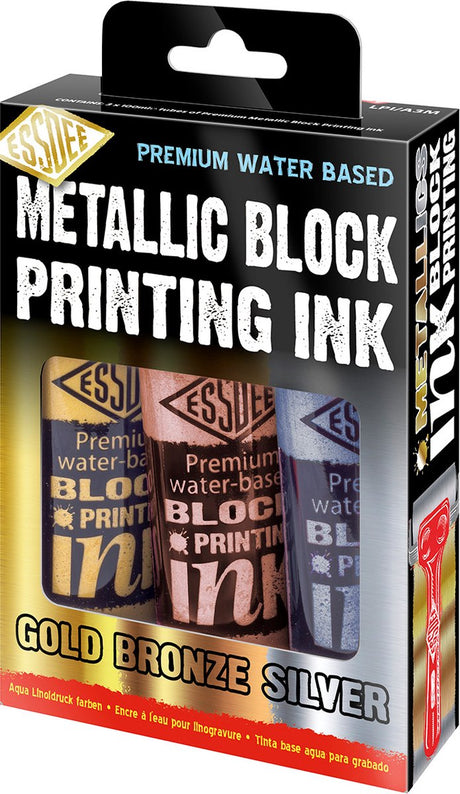 Essdee block printing ink metallic set - lino verf - 3 kleuren – goud, zilver, brons - 100ml