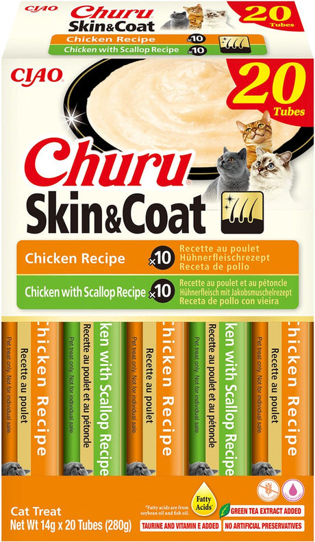 Inaba ciao churu skin coat creamy puree kattensnack liquid kip variëteiten 20x14g