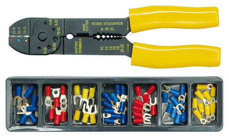 Blascrimpzangen-Set mit Abisolierzange – inklusive isolierter Kabelschuhe – 190 mm – PVC CS – AWG 22–8