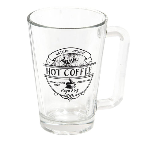 Transparenter Glasbecher von Clayre Eef mit schwarzem Text „Heißer Kaffee“, 11 x 8 x 12 cm, 250 ml