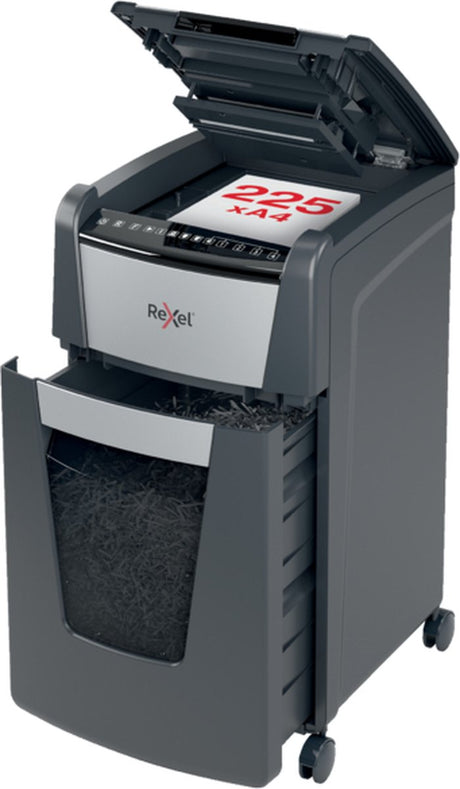 Rexel Optimum Autofeed+ 225m Flüsterleiser Aktenvernichter – P5 Mikroschredder – Automatischer Einzug bis zu 225 Blatt – 60l – Schwarz