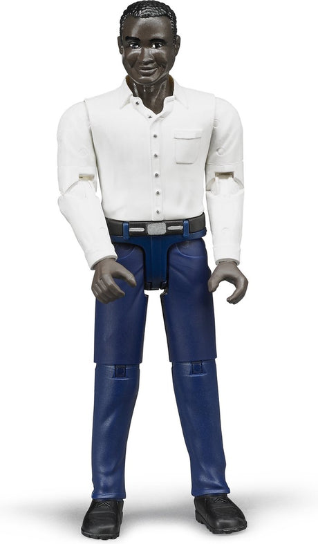 Bruder spielt Figur dunkler Mann mit blauer Hose