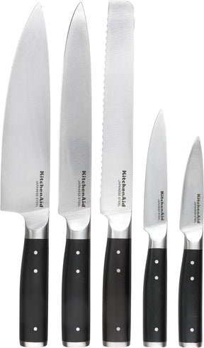 Kitchenaid messenset, 6-delig - hoogwaardig japans rvs - berkenhouten blok -