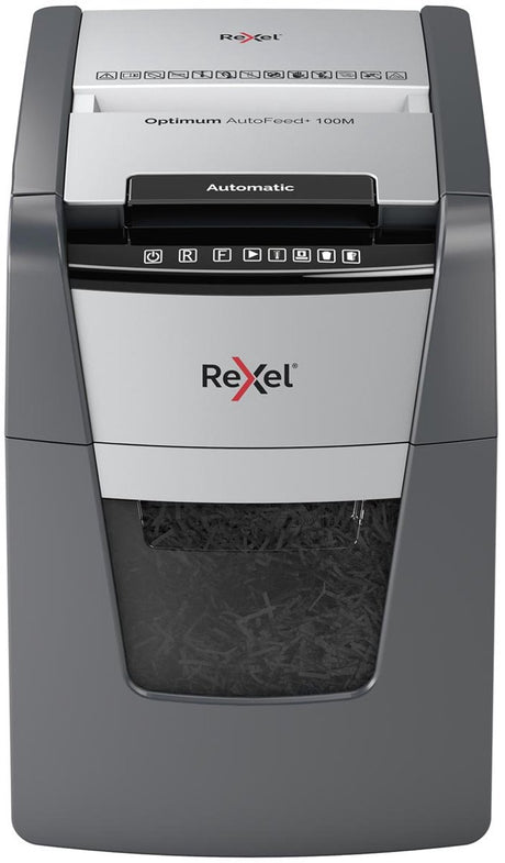 Rexel Optimum Autofeed+ 100m Flüsterleiser Aktenvernichter – P5 Mikroschredder – Automatischer Einzug bis zu 100 Blatt – 34l – Schwarz