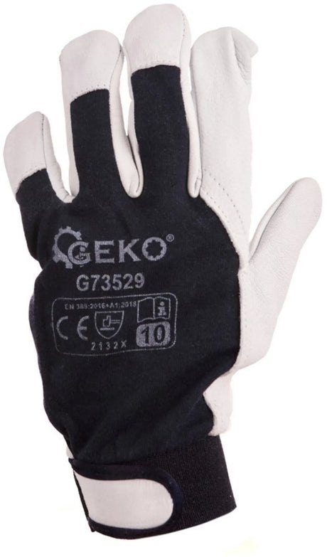 Geko-Arbeitshandschuhe aus Leder – Klettverschluss – Größe 10 – Blau und Weiß – EN388-Schutz – 12 Stück