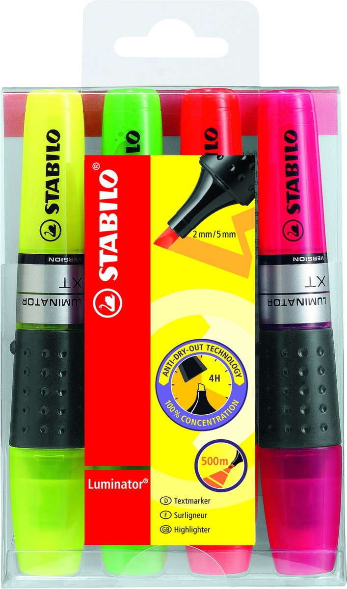Stabilo luminator - markeerstift - extra grote inkttank - etui met 4 kleuren