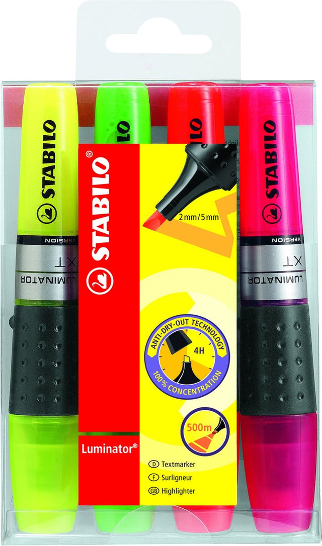 Stabilo luminator - markeerstift - extra grote inkttank - etui met 4 kleuren