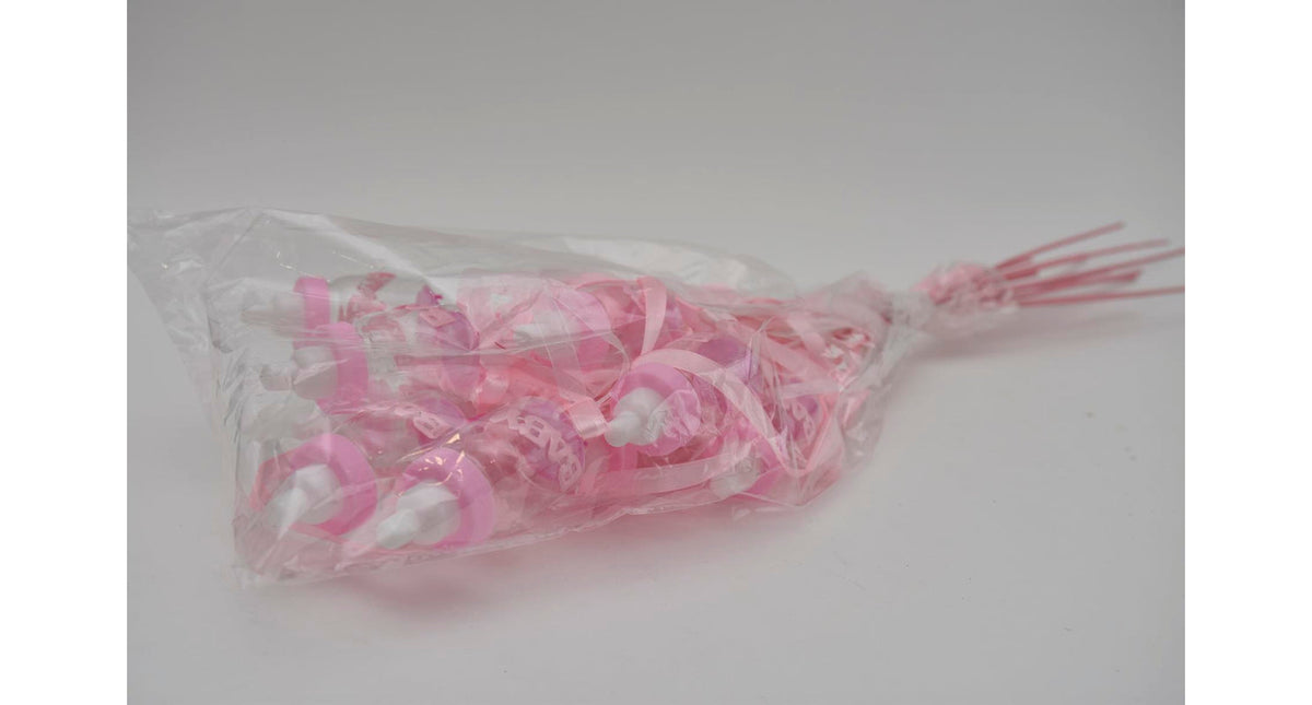 Pak á 12 baby flesje roze met lint op stok 50cm