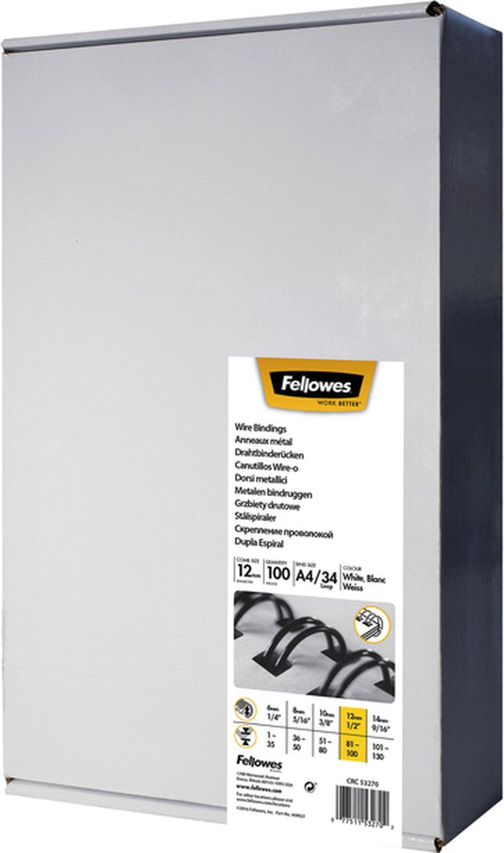 Fellowes Bindering – Binderücken aus Metall – 12 mm – bis zu 100 Blatt – 34-Ring – A4 – weiß – 100 Stück