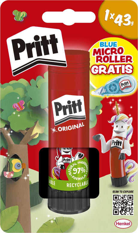Pritt stick original lijmstift 43g + gratis correction roller | knutsellijm voor kinderen | 97% natuurlijke ingrediënten | transparant drogend