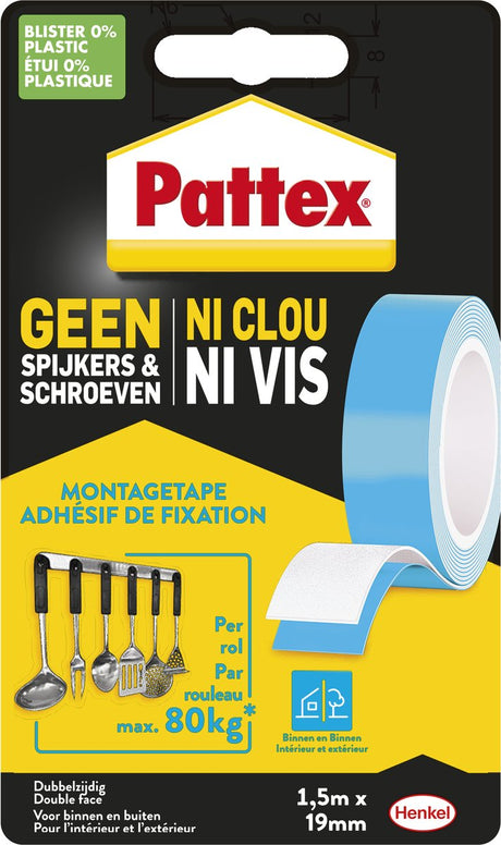 Pattex Montageband doppelseitig 80kg | für den Innenbereich| 1,5 m Doppelmontageband | doppelseitiges Klebeband.