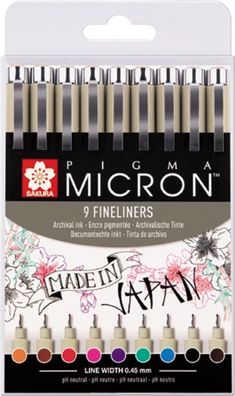 Sakura Pigma Micron 05 Fineliner-Etui – 9 Farben – 0,45 mm
