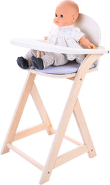Longfield Puppenstuhl grau weiß - Puppenhochstuhl aus Holz mit Kissen - Puppenstuhl für Rollenspiele - für alle Puppen geeignet - Engelsherz