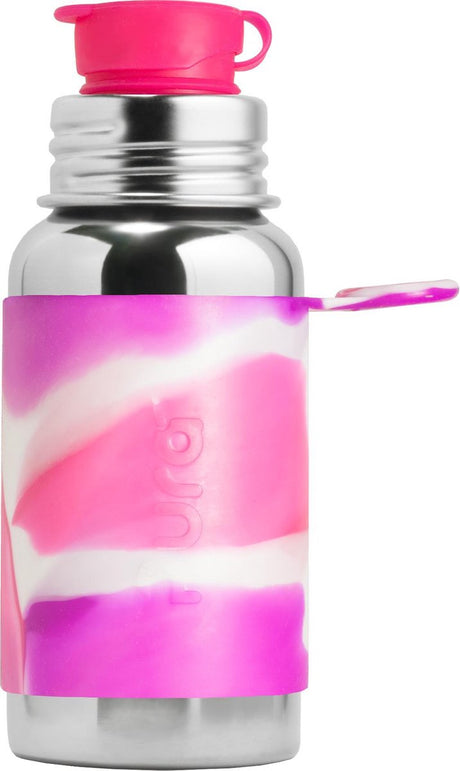 Pura Sportflasche 550 ml – Trinkflasche – Trinkflasche – plastikfrei – rostet nicht – spülmaschinenfest – inklusive Sporthülle und Sportkappe – Oberteil austauschbar – vielseitig einsetzbar – rosafarbener Wirbel