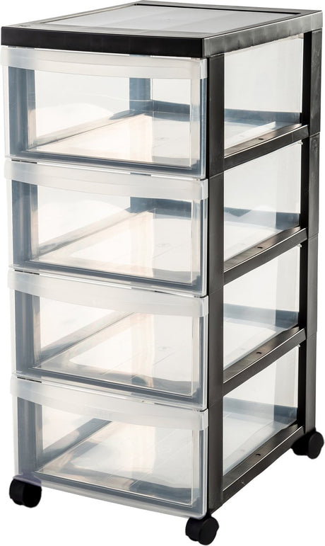 Iris Design Kommode – 4 halbtiefe Schubladen – 4x 11l – Kunststoff – schwarz transparent – mit Rollen