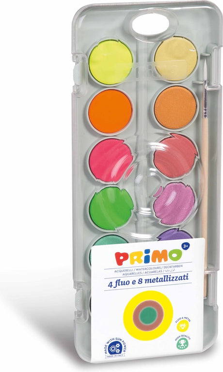 Primo waterverfdoos junior 12 kleuren metallic fluor