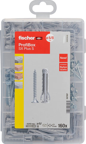 Fischer Profibox – Stecker SX Plus 6, 8 und 10 mit Schrauben | 210 Stück in stabiler Aufbewahrungsbox