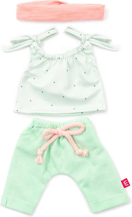 Miniland ml poppen: kledij set groen roos voor meisje 38cm, 3-delig, topje, broek en haarlint, met kleerhanger, 3+ m
