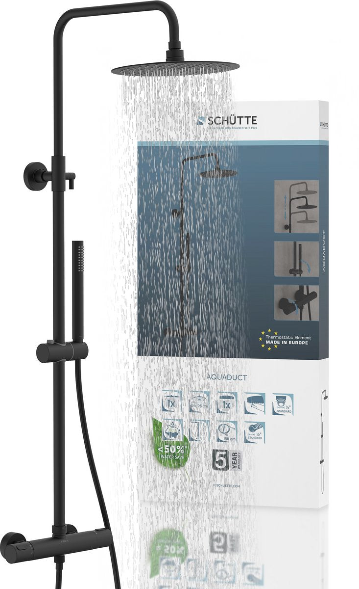 Schütte Aquädukt-Duschsystem - Regenbrause - Stangenlänge 80 - 120 cm - mit Thermostat-Mischbatterie - Mattschwarz