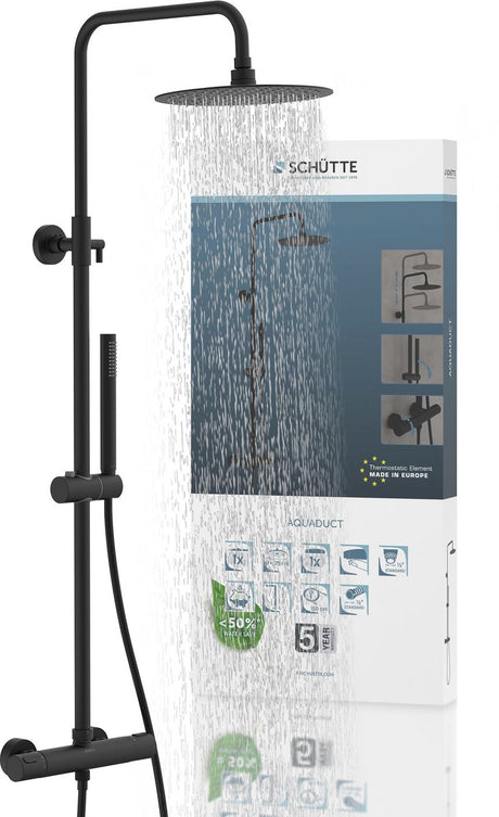 Schütte Aquädukt-Duschsystem - Regenbrause - Stangenlänge 80 - 120 cm - mit Thermostat-Mischbatterie - Mattschwarz