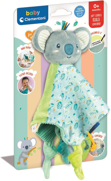 Clementoni Kuscheltuch Koala Soft Cuddles – Schmusetuch mit Bändern – weiches Umstandsgeschenk für Jungen oder Mädchen – Baby-Schmusetuch ab 0 Monaten