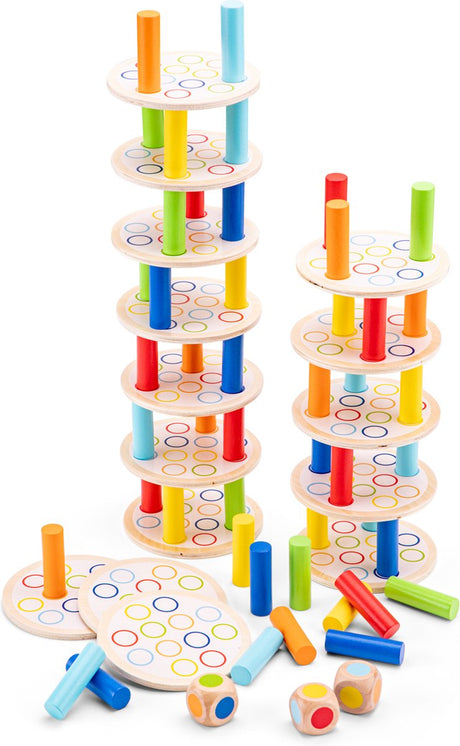 Woet ® houten balanstoren spel - educatief stapelspel met dobbelstenen - kleurenherkenning en motoriek - vanaf 3 jaar