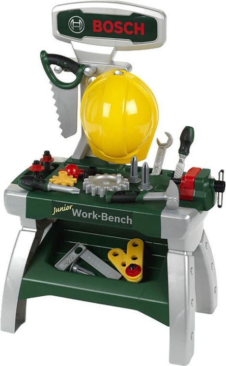 Klein Toys Bosch Mini Toy Junior Werkbank - 49x29x71 cm - inkl. Lernfunktion, Schraubstock, Aufbewahrungsmöglichkeiten für die vielen Teile – grün