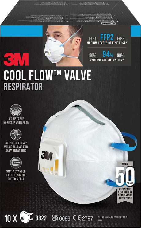 3 m Cool-Flow-Staubmaske, FFP2, mit Ventil, 10 Stück