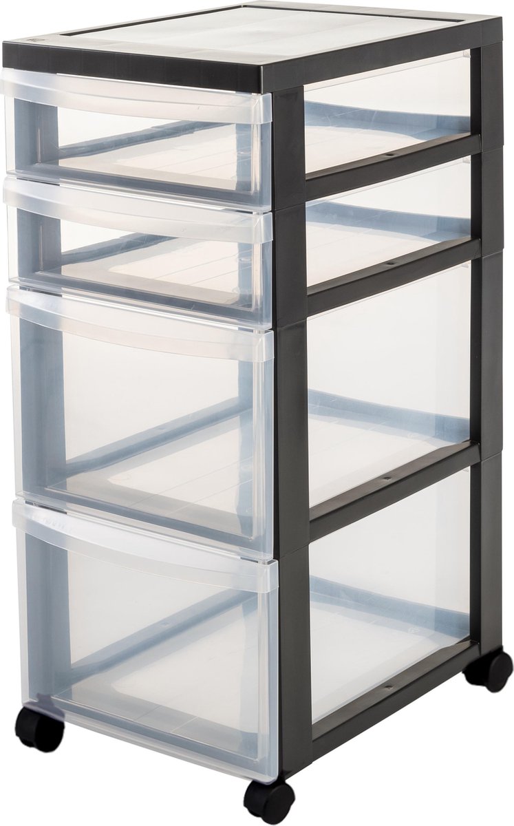 Iris Design Kommodenschubladensystem – 4 Schubladen – 2 x 7,5 l – 2 x 15 l – Kunststoff – schwarz transparent – mit Rollen