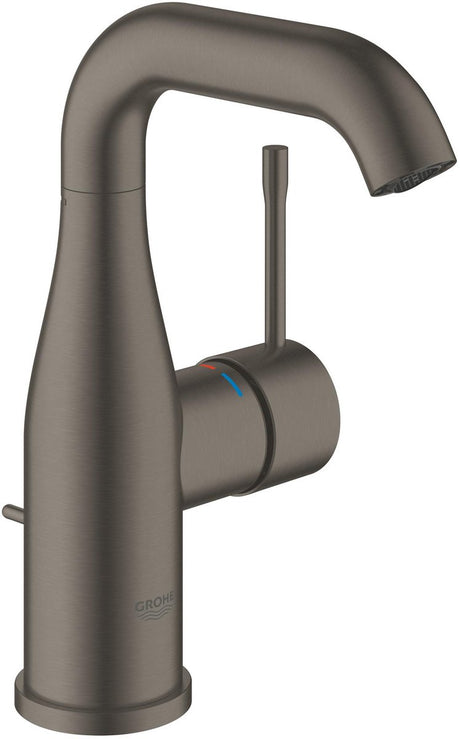 Grohe Essence New Waschtischarmatur – Medium – mit Zugstangen-Ablaufgarnitur – Hartgraphit gebürstet (Anthrazit matt) – wassersparend