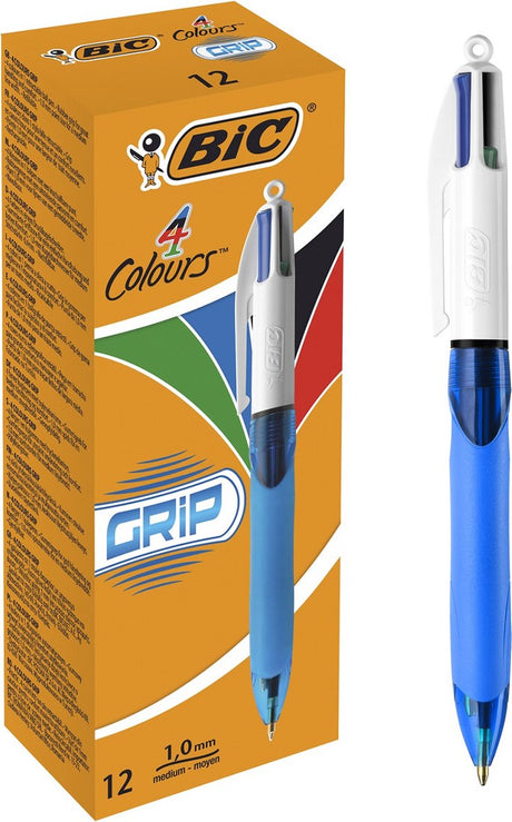 Bic 4 Colours Grip-Kugelschreiber mit Klicksystem, mittlere Spitze (1,0 mm) – angenehmer Griff – Box mit 12 Stück