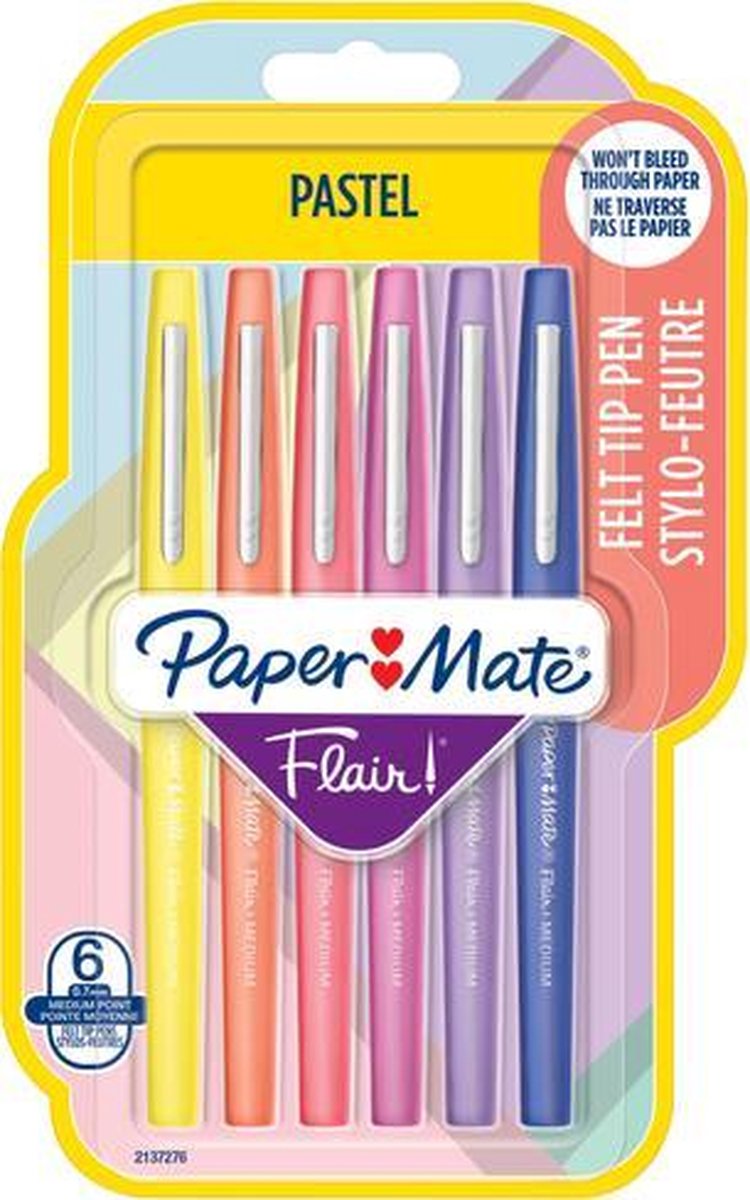 Paper Mate Flair Filzstifte | mittlere Spitze (0,7 mm) | verschiedene Pastellfarben | 6 Stück