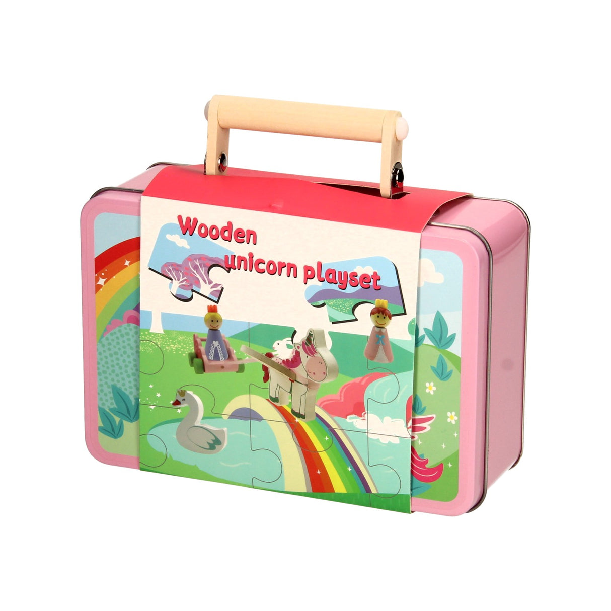 Einhorn-Spielfiguren-Puzzle aus Holz im Aufbewahrungskoffer