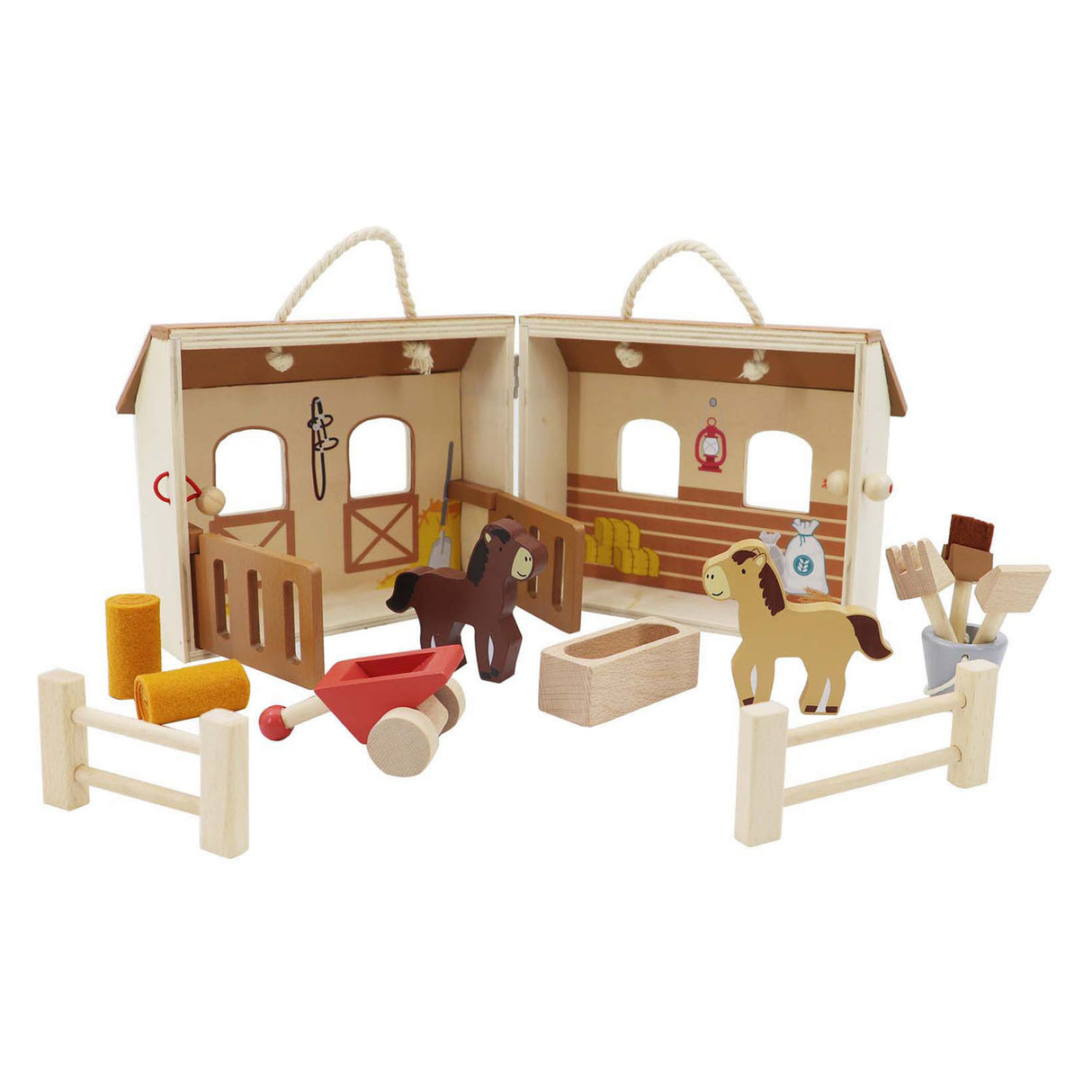 Tragbares Pferdestall-Spielset aus Holz, 13-teilig.