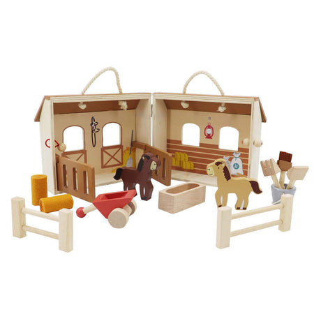 Tragbares Pferdestall-Spielset aus Holz, 13-teilig.