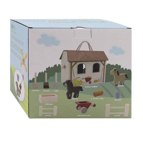 Tragbares Pferdestall-Spielset aus Holz, 13-teilig.