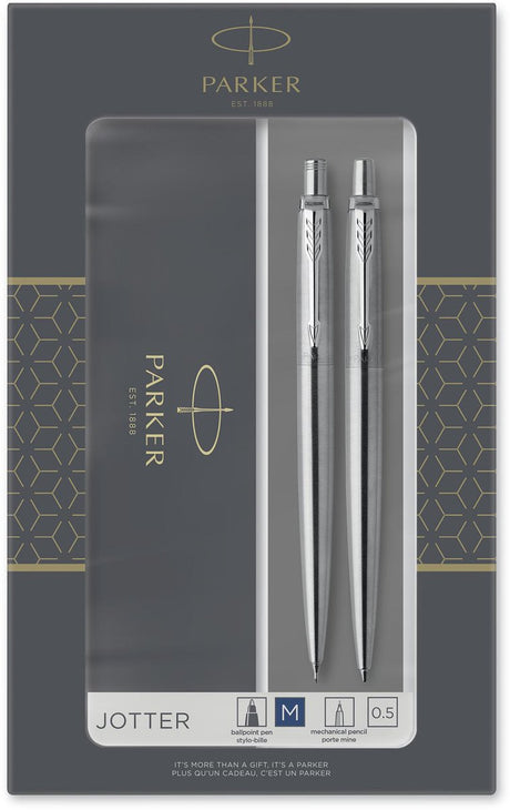 Parker Jotter Duo Geschenkset Kugelschreiber und Druckbleistift (0,5 mm) – blaue Tinte – Edelstahl mit Chrom-Finish