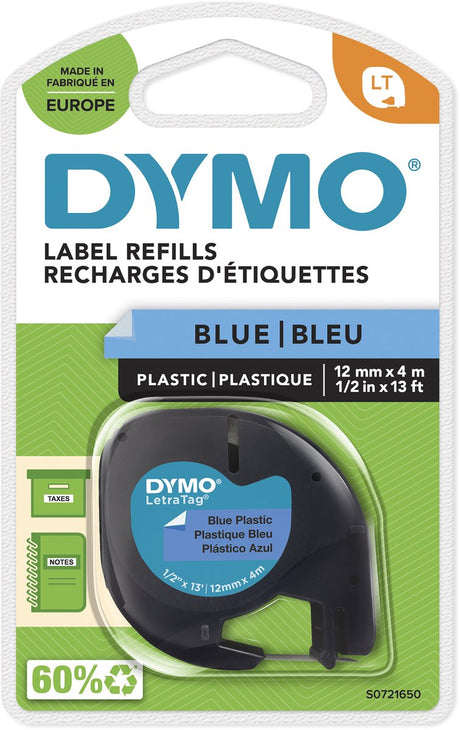 Dymo Letratag Original-Kunststoffetiketten | schwarzer Druck auf blauen Etiketten | 12mm x 4m | selbstklebende Multifunktionsetiketten für Letratag-Etikettendrucker | Hergestellt in Europa