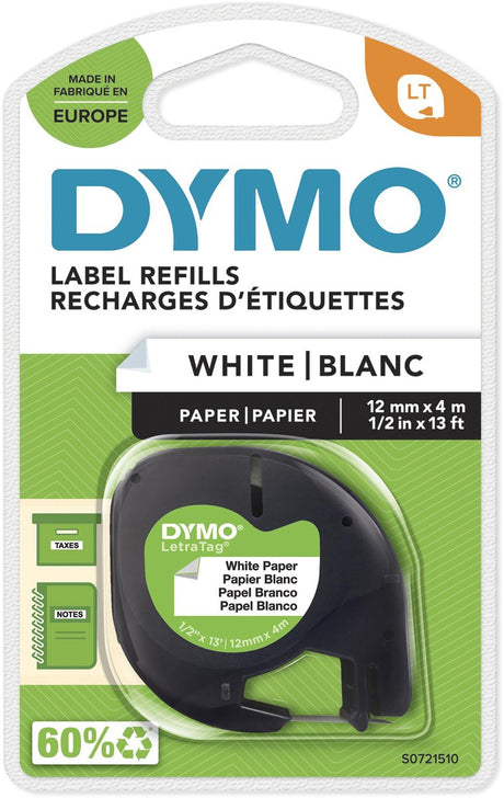 Dymo Letratag Original-Papieretiketten | schwarzer Druck auf weißen Etiketten | 12mm x 4m | selbstklebende Multifunktionsetiketten für Letratag-Etikettendrucker | Hergestellt in Europa