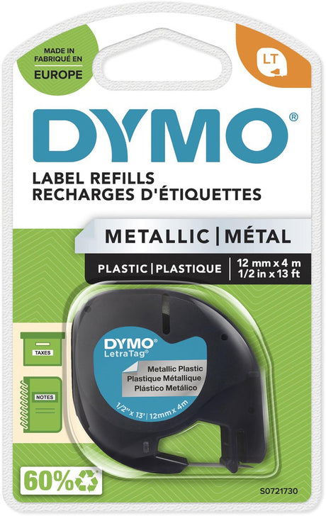 Dymo Original-Letratag-Metalletiketten | schwarzer Druck auf metallischen silbernen Etiketten | 12mm x 4mm | selbstklebende Multifunktionsetiketten für Letratag-Etikettendrucker