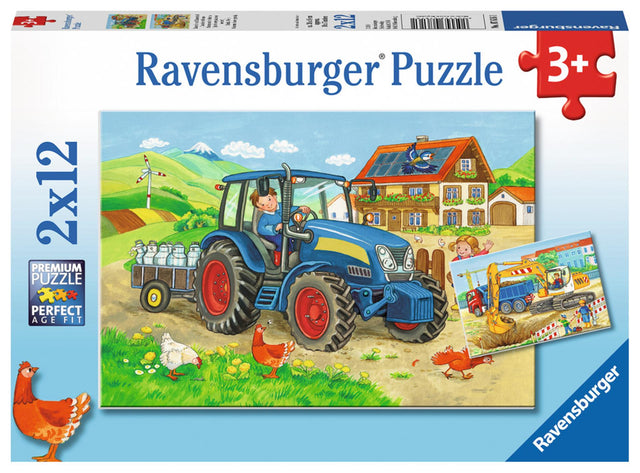 Ravensburger Puzzle auf der Baustelle und am Bauernhof – 2x12 Teile – Kinderpuzzle
