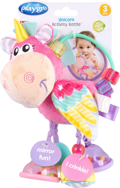 Playgro stella eenhoorn rammelaar roze – baby activiteitenspeeltje met spiegeltje, bijtkralen en knispergeluid – kinderwagenspeeltje met clip – kraamcadeau