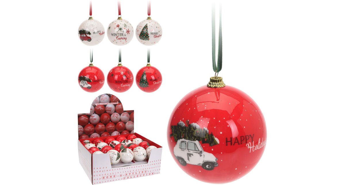 Kerstbal ''kerst'' 75mm kunststof 6 assortie wit rood