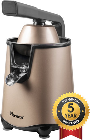 Bestron citruspers elektrisch - acj600sat - 200w - incl. 2 perskegels, pulpfilter, druppelstop, pershendel - beige - 5 jaar garantie