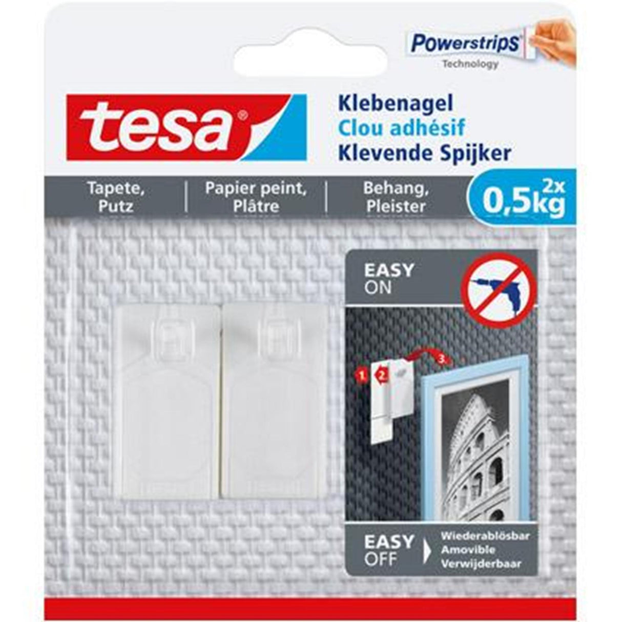 Tesa Nagel für Tapetenputz 0,5 kg – 2 Stück – keine Rückstände – empfindliche Oberflächen
